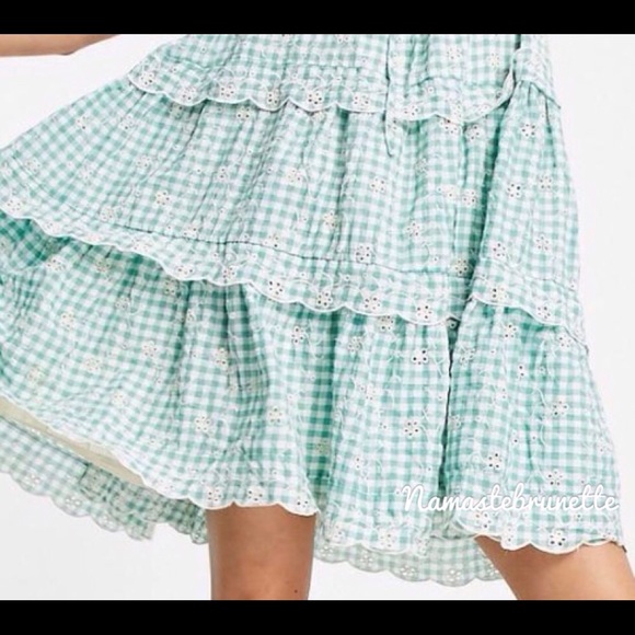 **SOLD***🌻NWOT🌻 Just Me Medium Flowy Green Gingham Embroidered Babydoll Mini - Picture 6 of 17